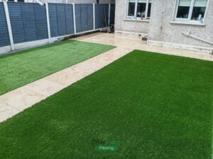 Egyptian Limestone Patio with Artificial Grass in Clonsilla, Dublin