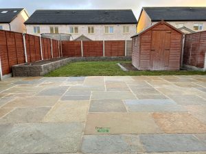 Limestone Patio with Raised Flowerbeds and Greenhouse Base in Hansfield Wood, Dublin