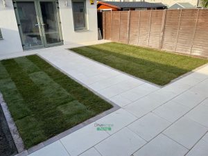 Patio with Quartz Slabs, Rustic Slane Border and Roll-On Turf in Hansfield Wood, Dublin