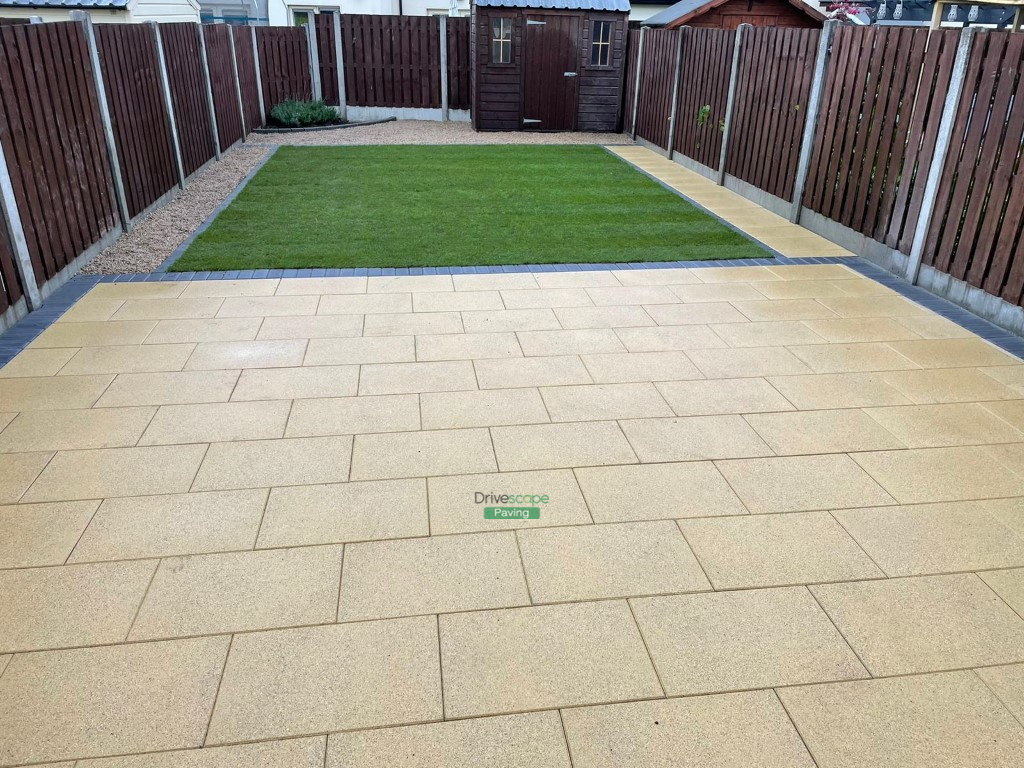 Newgrange Granite Slabbed Patio with Roll-On Turf in Clonsilla, Dublin