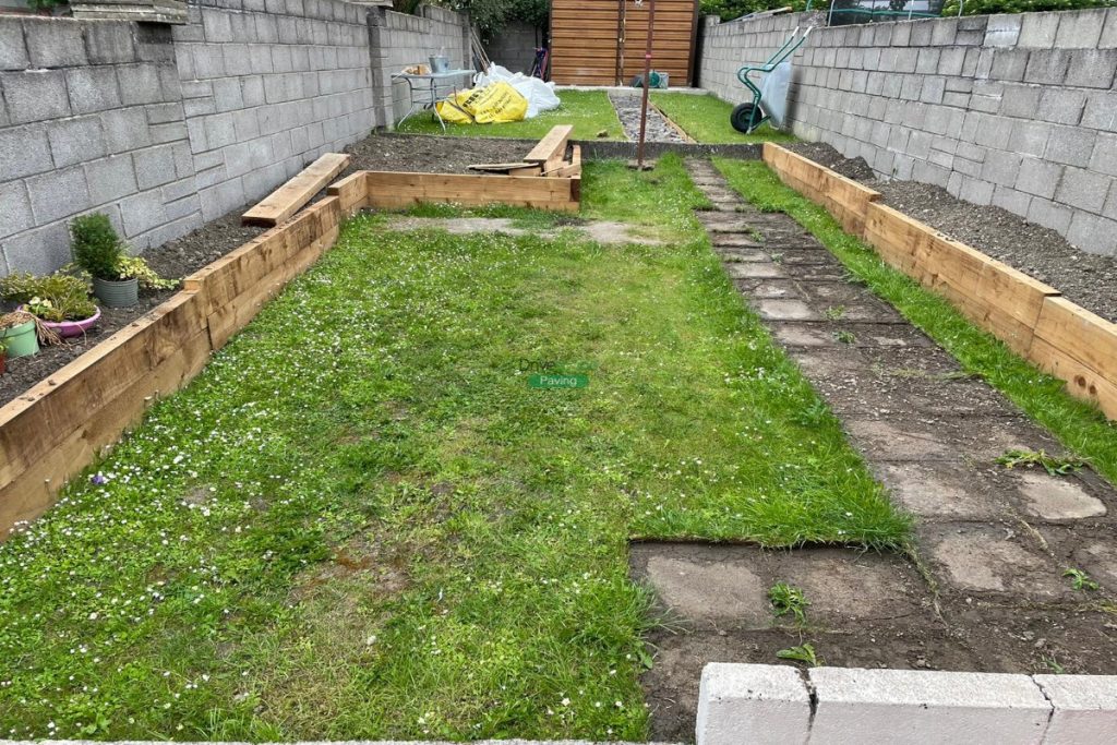 Indian Sandstone Patio with Treated Sleepers in Cabra, Dublin