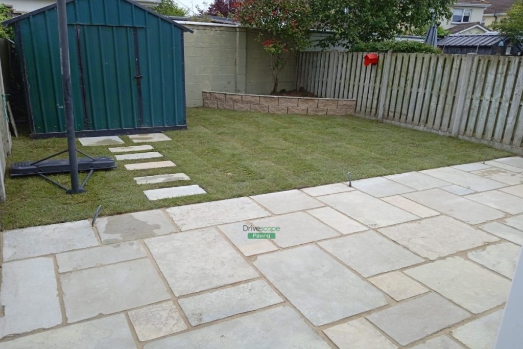 Limestone Slabbed Patio with Raised Flower Bed and Roll-On Turf in Donabate, Co. Dublin