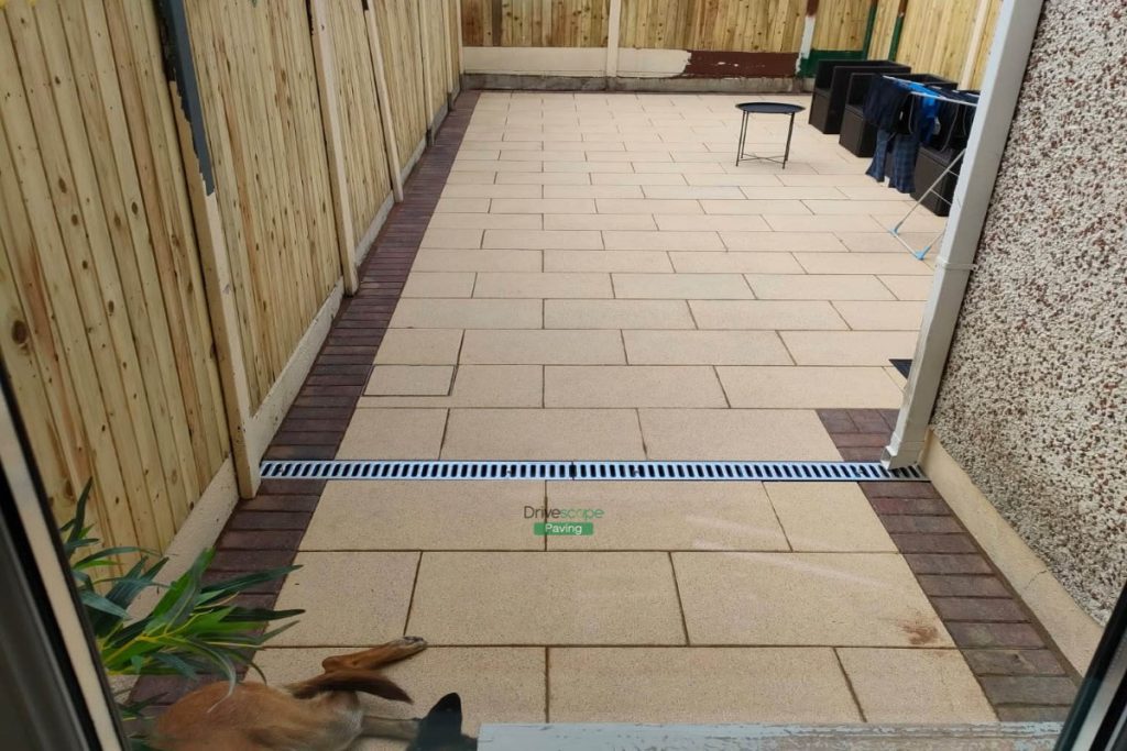 Granite Slabbed Patio with Rustic Borderline and New Fencing in Clonsilla, Dublin