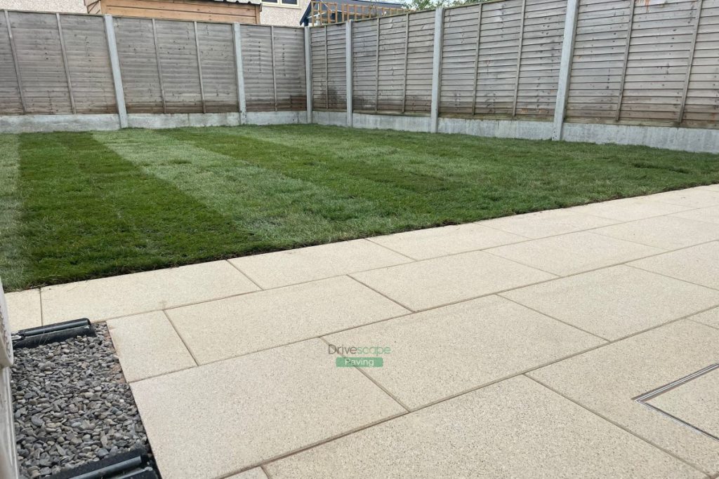 Patio with Buff Granite Slabs and Roll-On Turf in Hansfield Wood, Dublin