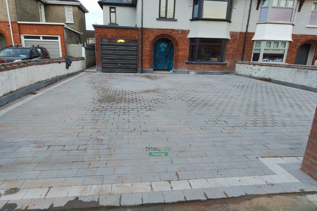 Driveway with Black and Silver Granite Paving and New Pillar in Blanchardstown, Dublin