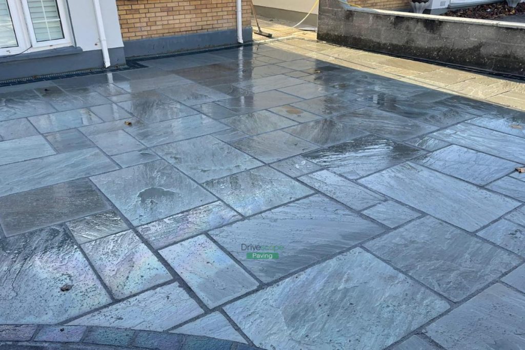 Driveway with Kandla Grey Limestone Slabs and Cobblestone Border in Hartstown, Dublin (8)