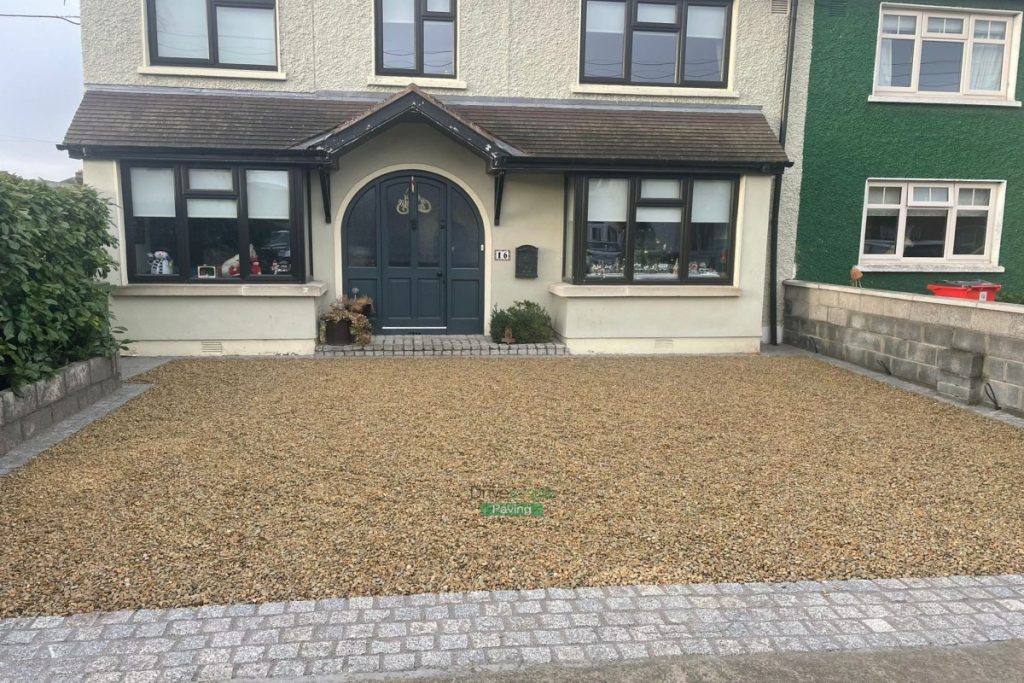 Driveway with Ballylusk Gravel, Granite Cobbles and New Pillars in Ashtown, Dublin