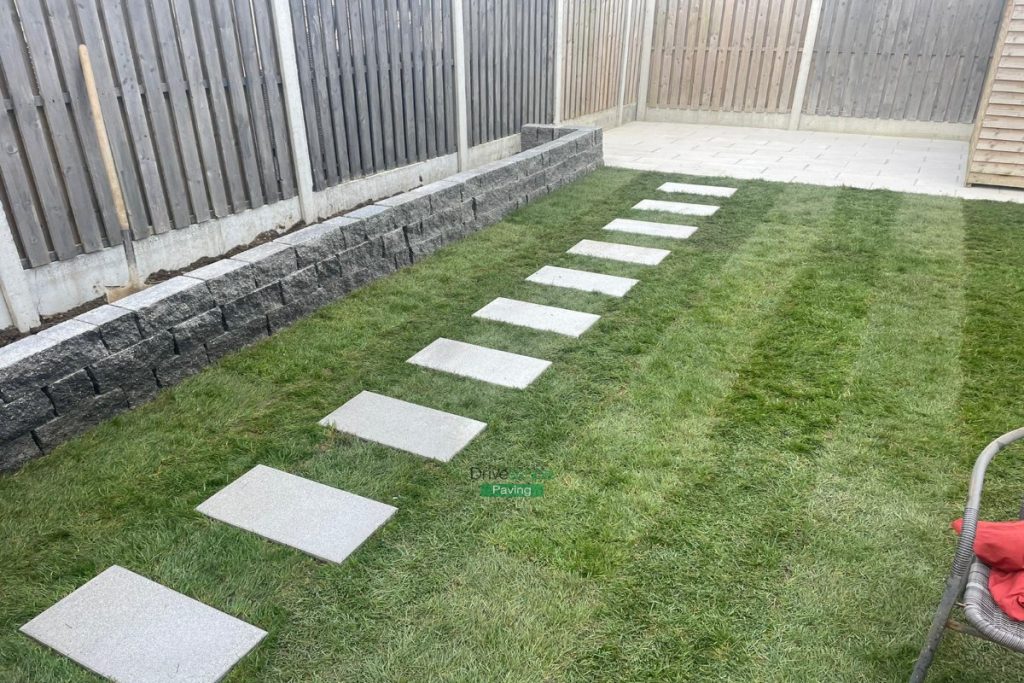 Patio with Silver Granite Slabs, Roll-On Turf and Granite Walling in Ballymun, Dublin (5)