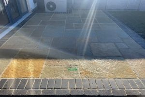 Patio with Tumbled Limestone Slabs and Brick Border in Dunshaughlin, Co. Meath (8)