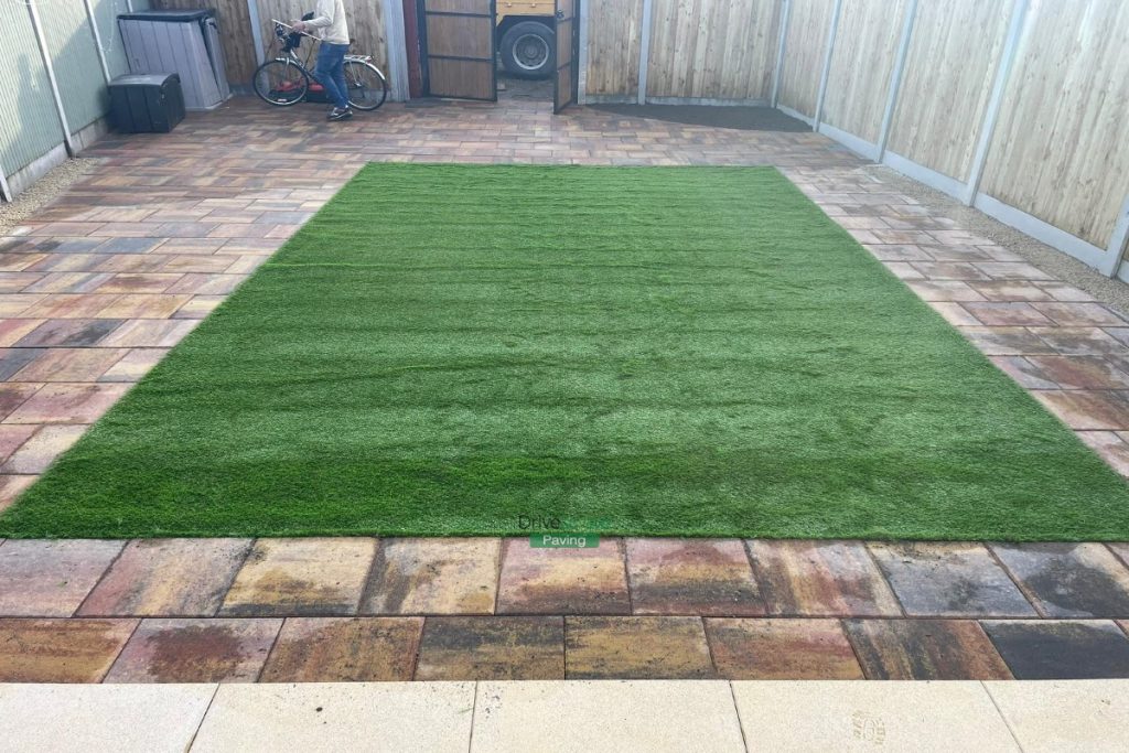 Raised Patio with Buff Granite and Classic Rustic Slabs, New Fencing and Artificial Grass in Clontarf, Dublin (6)