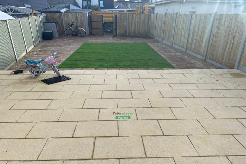 Raised Patio with Buff Granite and Classic Rustic Slabs, New Fencing and Artificial Grass in Clontarf, Dublin (7)
