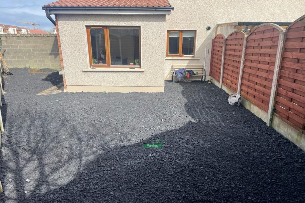 Silver Granite Slabbed Patio with Lismore Kerbing and Concrete Shed Base in Clonee, Co. Dublin (5)