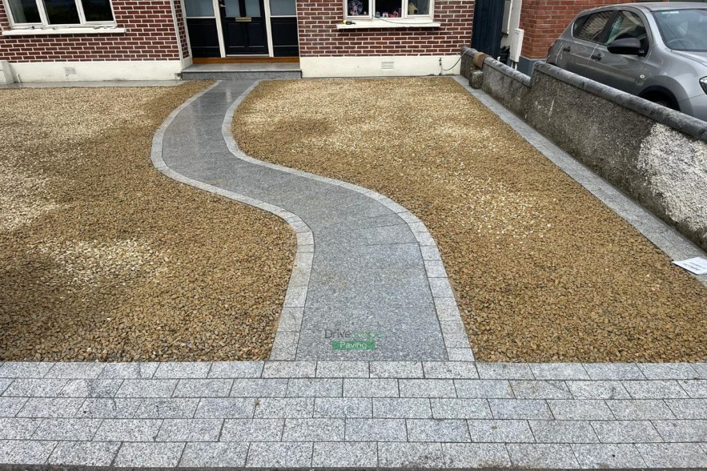 Driveway with Ballylusk Gravel, Natural Granite Slabs and Bullnose Step in Stillorgan, Dublin (5)