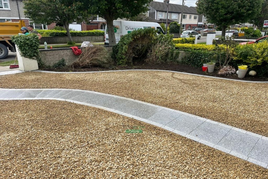 Driveway with Ballylusk Gravel, Natural Granite Slabs and Bullnose Step in Stillorgan, Dublin (6)