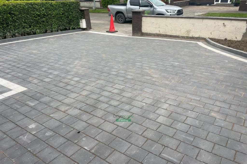 Driveway with Charcoal and Silver Corrib Paving, Granite Step and Flowerbeds in Dublin (6)