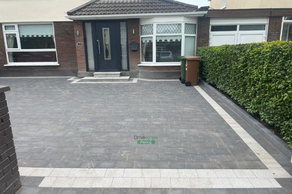 Driveway with Charcoal and Silver Corrib Paving, Granite Step and Flowerbeds in Dublin