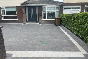 Driveway with Charcoal and Silver Corrib Paving, Granite Step and Flowerbeds in Dublin (7)