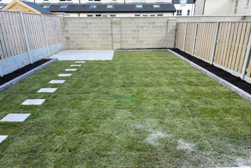 Patio with Newgrange Slabs, Mellifont Kerbing, Stepping Stones and Roll-on Turf in Portmarnock, Co. Dublin