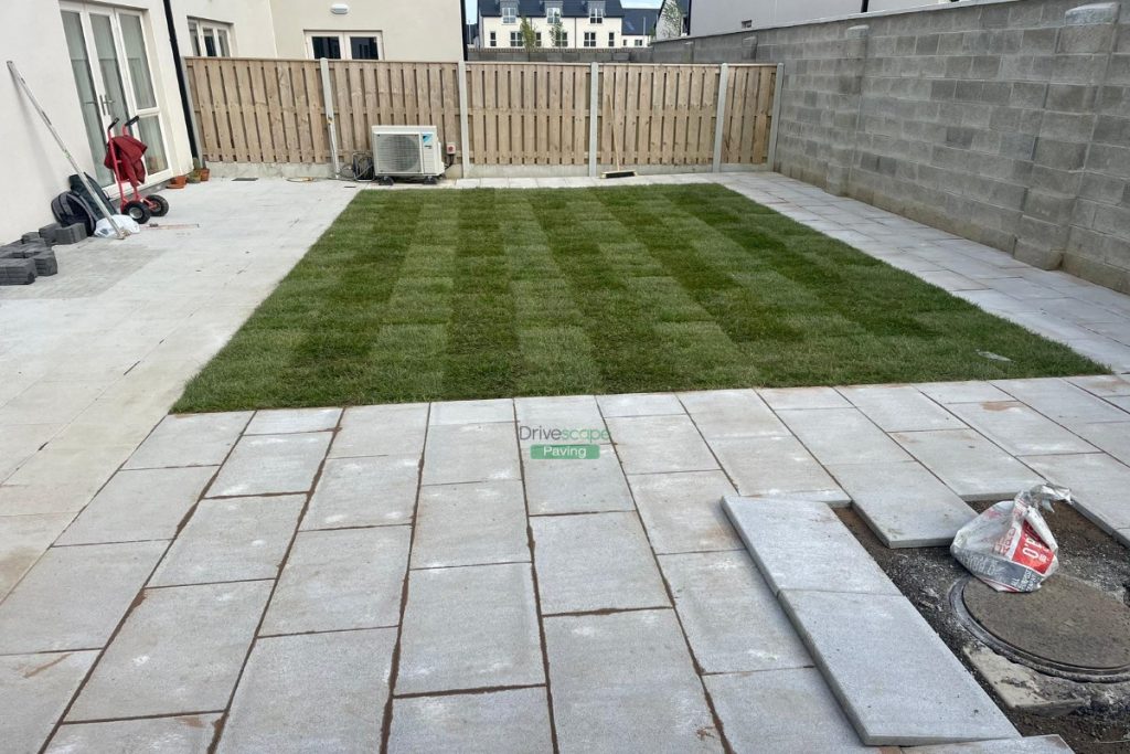 Patio with Silver Granite Slabs and Roll-On Turf in Portmarnock, Co. Dublin