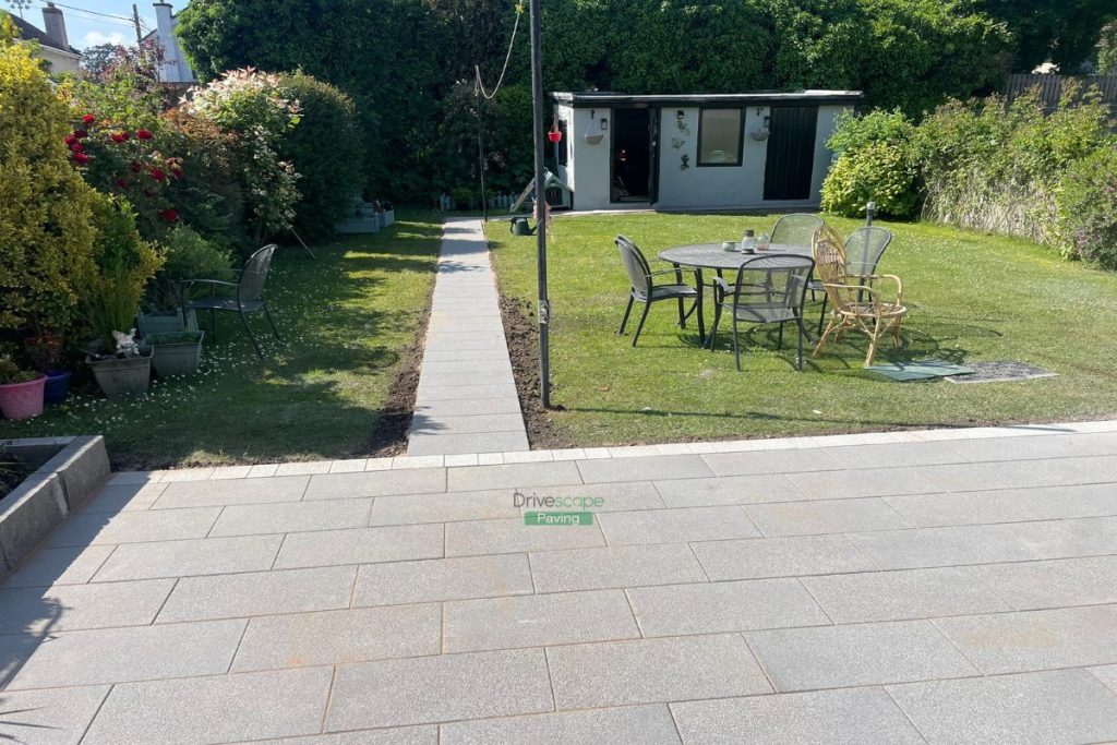 Patio with Black Granite Slabs and Lismore Border in Santry, Dublin