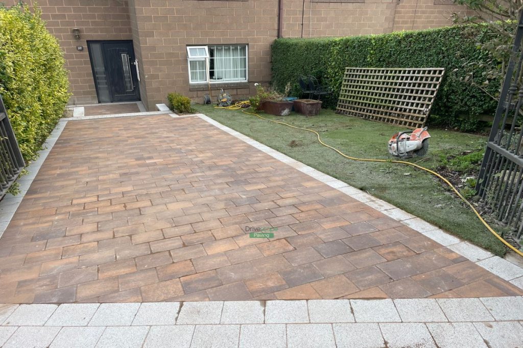 Curragh Gold Paved Driveway with Steps and Granite Wall in Greystones, Co. Wicklow