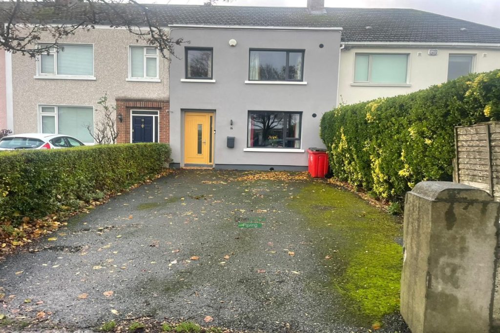 Two Adjacent Driveways with Golden Gravel and Silver Granite Cobblestones in Clontarf, Dublin (1)