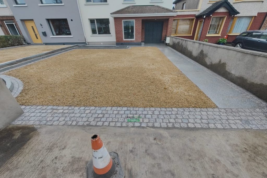 Two Adjacent Driveways with Golden Gravel and Silver Granite Cobblestones in Clontarf, Dublin (11)