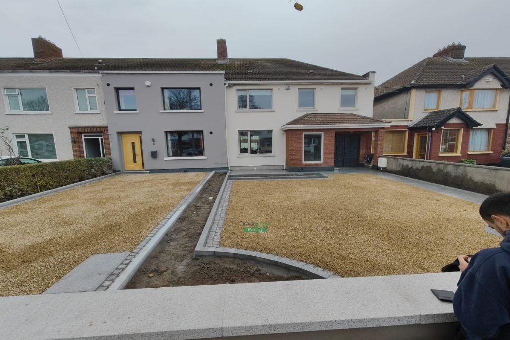Two Adjacent Driveways with Golden Gravel and Silver Granite Cobblestones in Clontarf, Dublin (15)