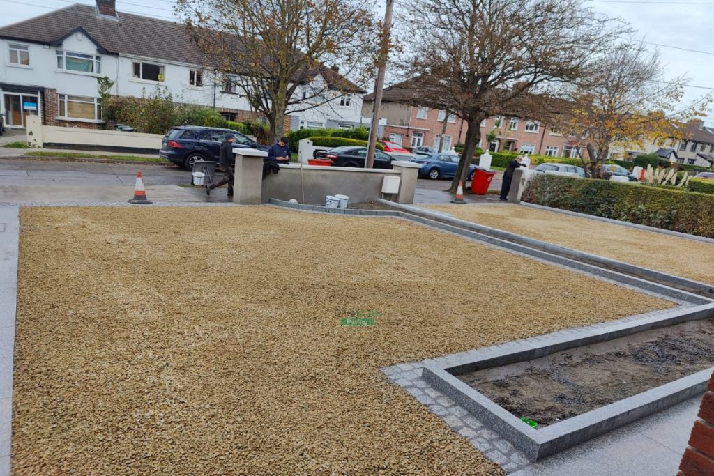 Two Adjacent Driveways with Golden Gravel and Silver Granite Cobblestones in Clontarf, Dublin (17)