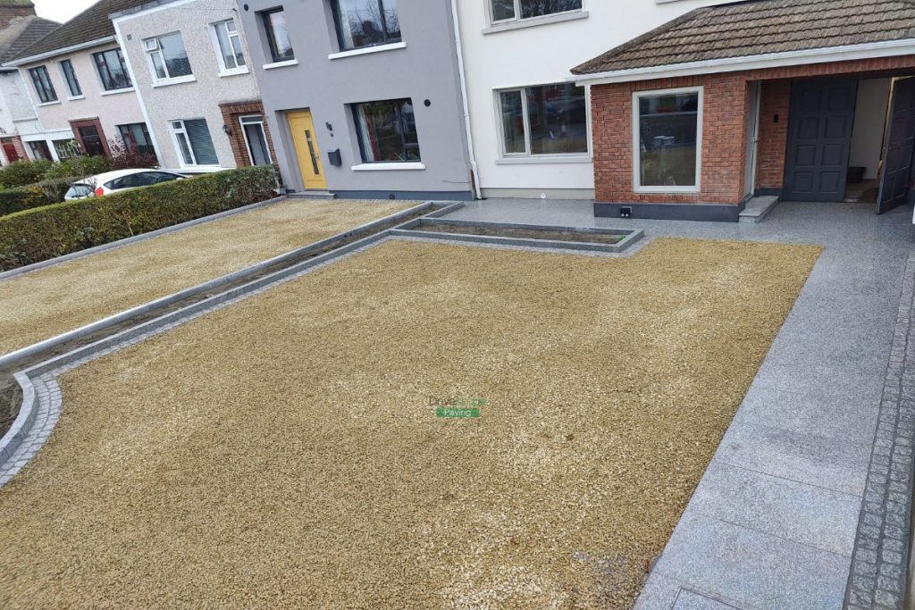 Two Adjacent Driveways with Golden Gravel and Silver Granite Cobblestones in Clontarf, Dublin (19)