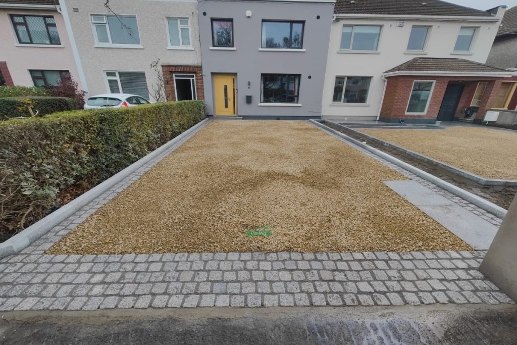 Two Adjacent Driveways with Golden Gravel and Silver Granite Cobblestones in Clontarf, Dublin (4)