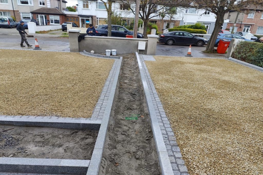 Two Adjacent Driveways with Golden Gravel and Silver Granite Cobblestones in Clontarf, Dublin (6)