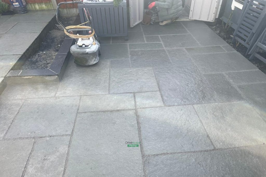 Patio with Grey Limestone Slabs and Raised Flowerbed in Johnstown, Co. Meath