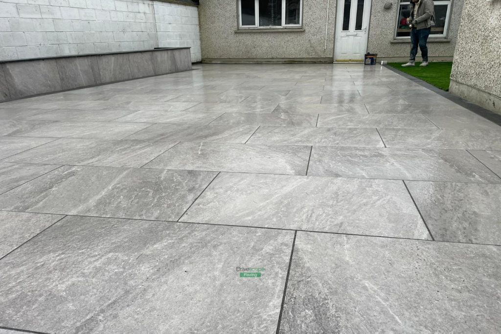 Porcelain Tiled Patio with Artificial Grass and Raised Flowerbeds in Lucan, Dublin