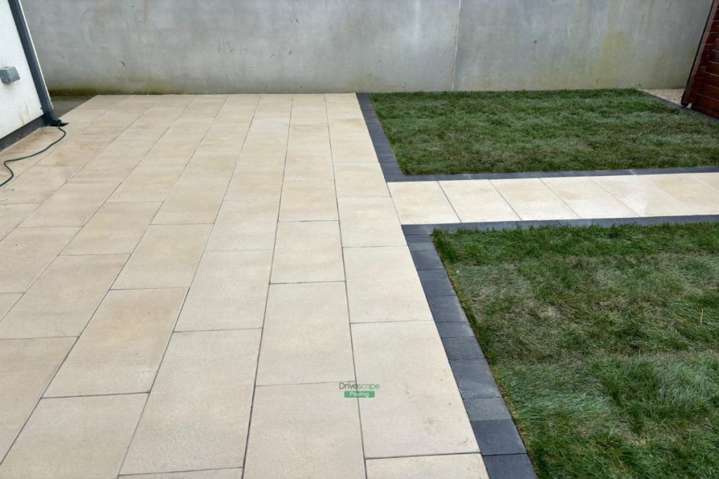 Patio with Oyster Slabs, Charcoal Borderlines and Roll-Out Turf in Portmarnock, Dublin (5)