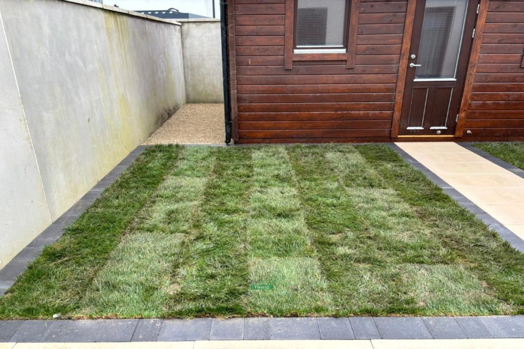 Patio with Oyster Slabs, Charcoal Borderlines and Roll-Out Turf in Portmarnock, Dublin (6)