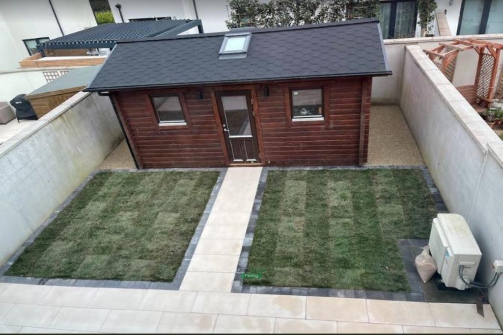 Patio with Oyster Slabs, Charcoal Borderlines and Roll-Out Turf in Portmarnock, Dublin