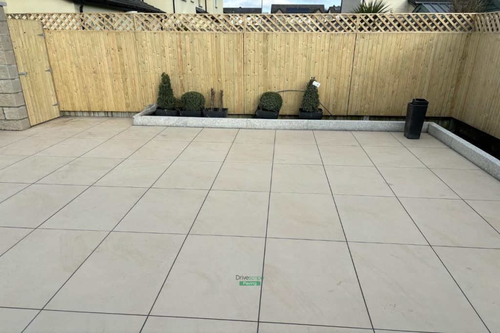 Porcelain Tiled Patio with Timber Fencing and Ashford Block Wall in Johnstown, Co. Meath