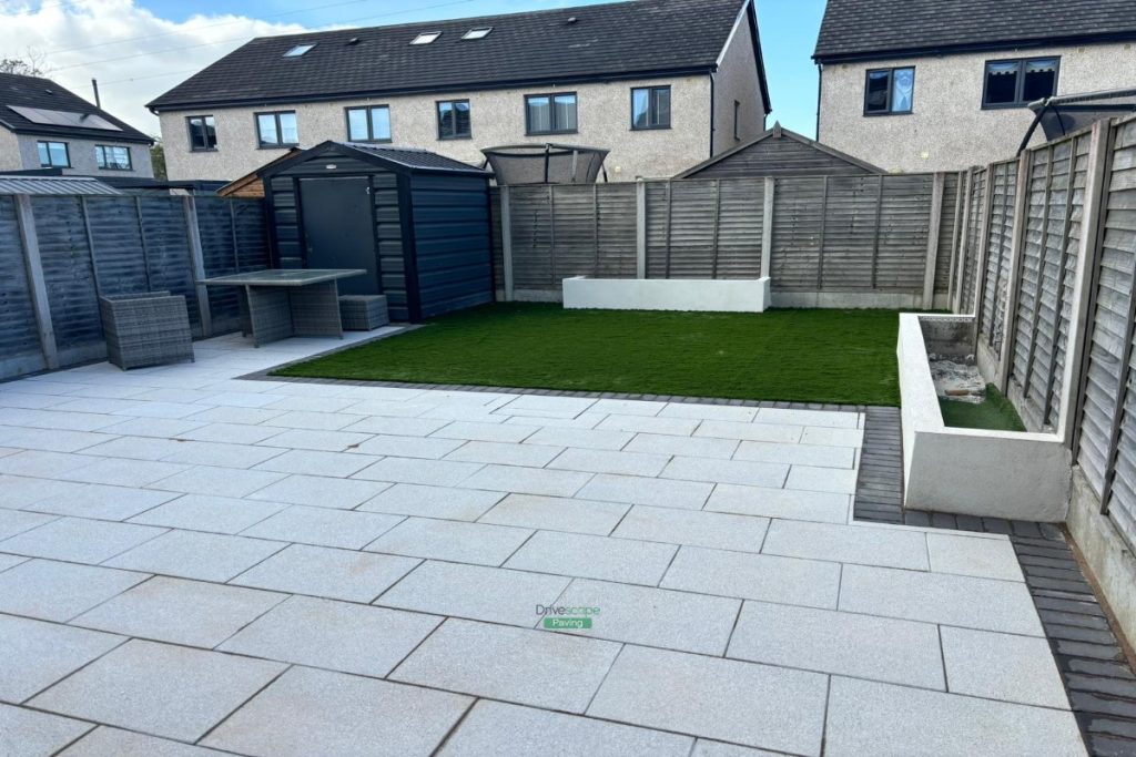 Silver Granite Slabbed Patio with Boxed Flowerbeds in Hansfield Wood, Dublin