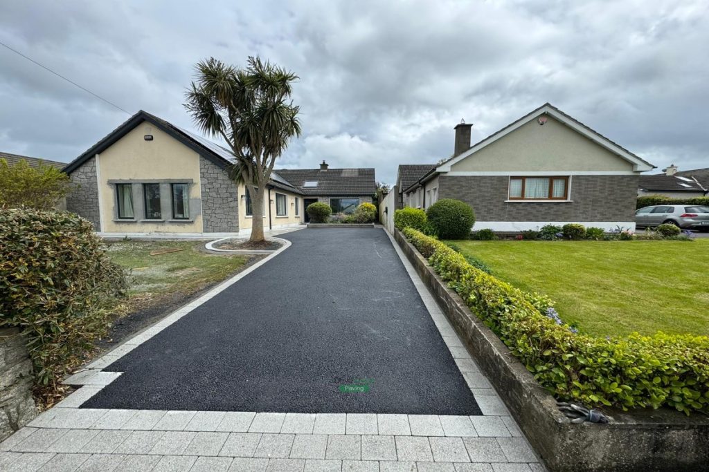 Asphalt Driveway with Silver Granite Corrib Paving, Granite Step and Flowerbeds in Sutton, Dublin