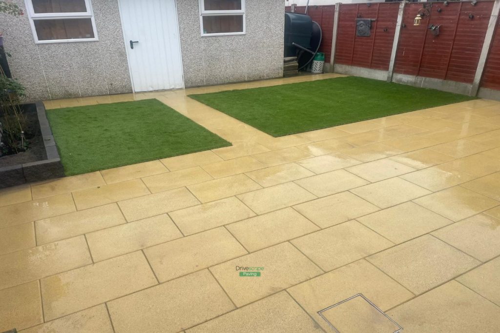 Buff Granite Slabbed Patio with Artificial Grass in Hansfield Wood, Dublin (2)