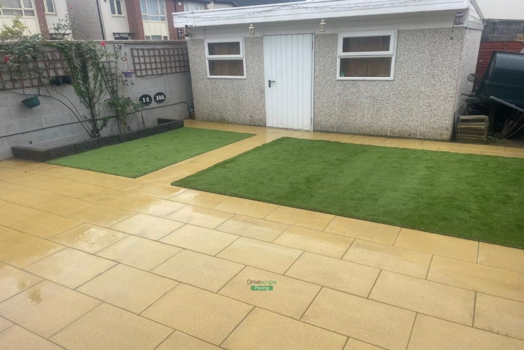 Buff Granite Slabbed Patio with Artificial Grass in Hansfield Wood, Dublin