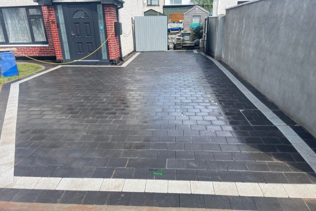 Charcoal Corrib Block Paved Driveway with Silver Granite Borderline in Huntstown, Dublin