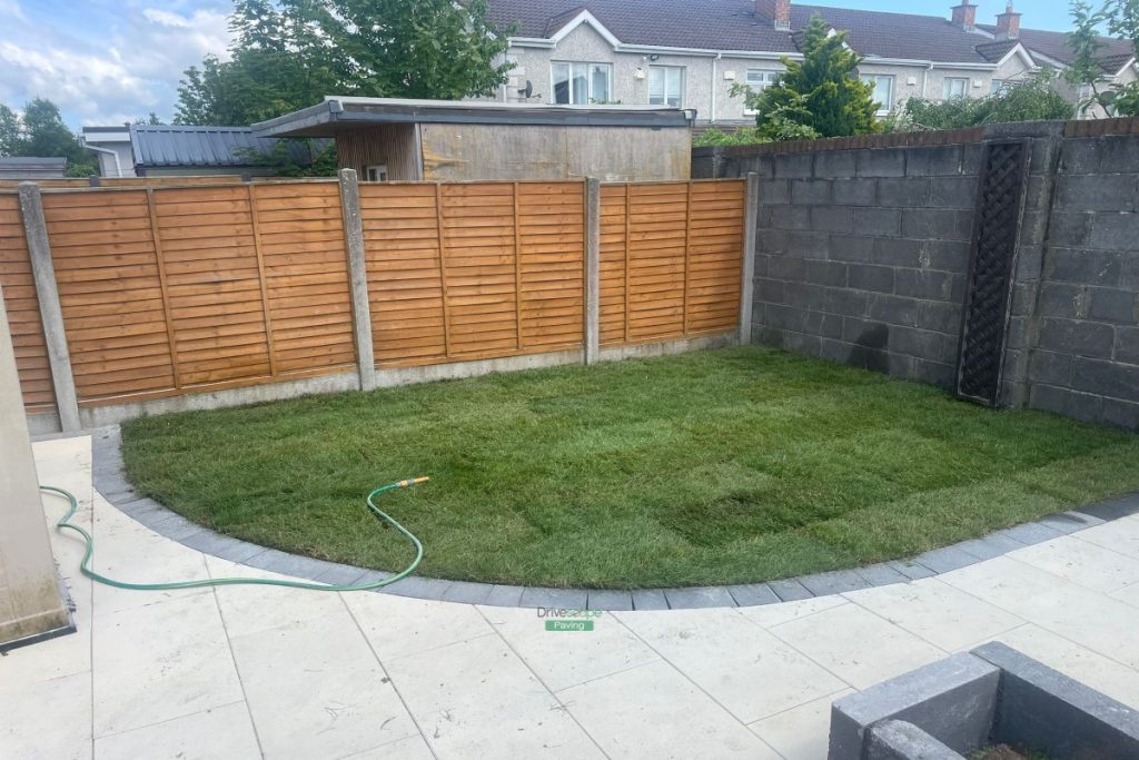 Patio with Sorrento Slabs and Charcoal Borderline, Raised Flowerbeds and ACO Drains in Dublin 15