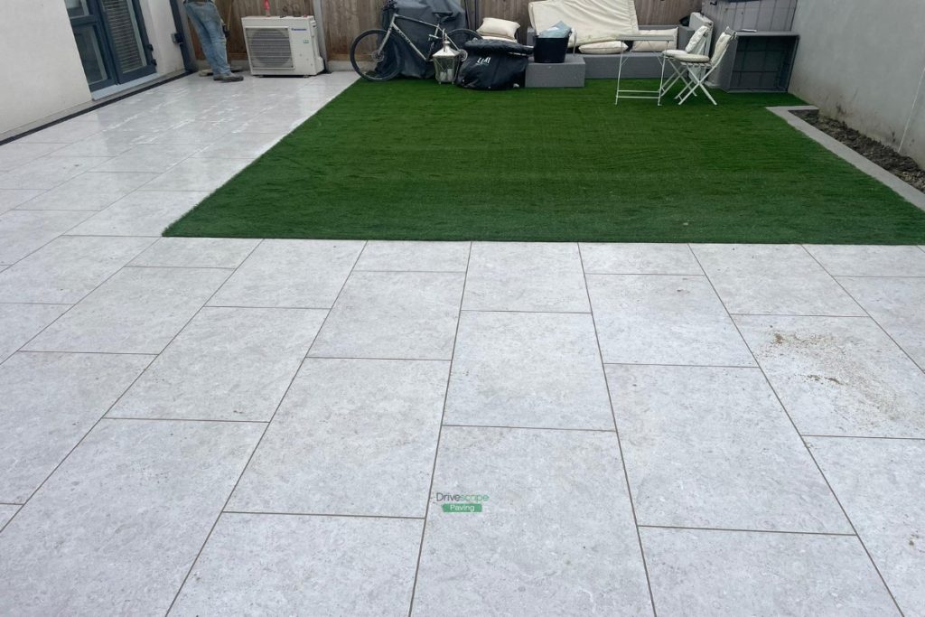 Porcelain Tiled Patio with Artificial Grass in Portmarnock, Co. Dublin