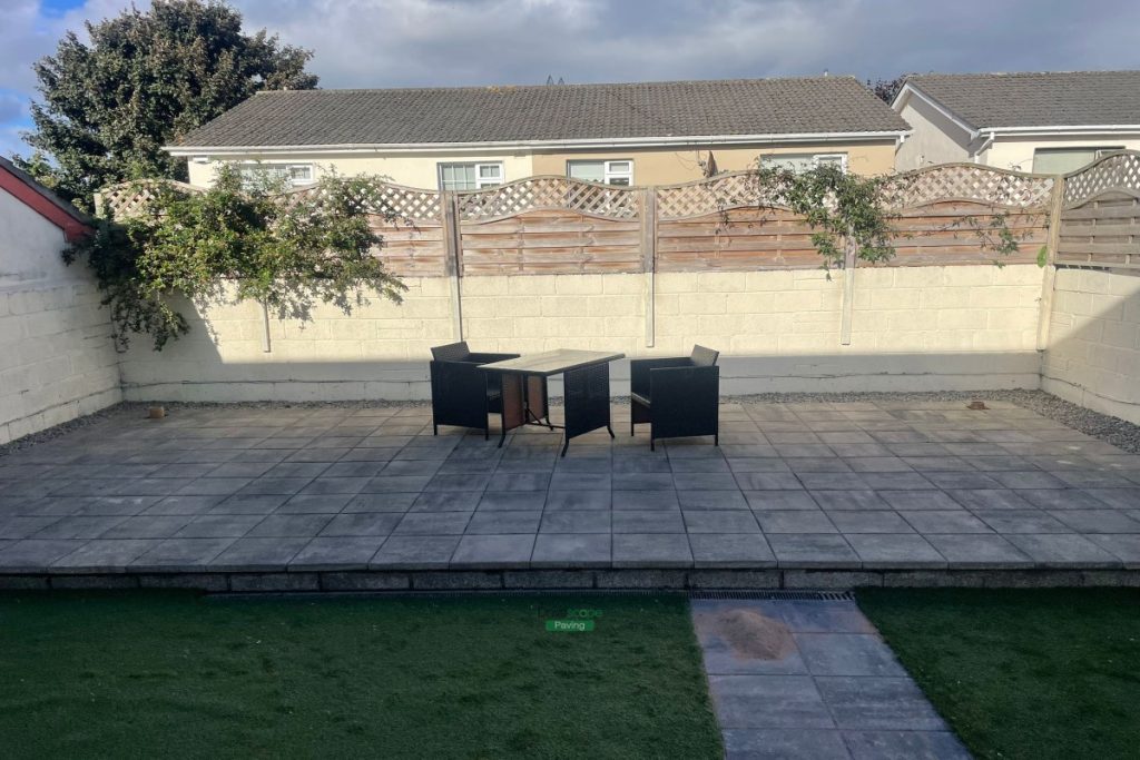 Patio with Silver Grey Slabs and Artificial Grass in Leixlip, Co. Kildare
