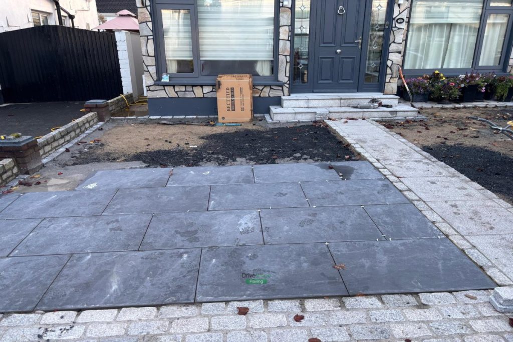 Driveway with Porcelain Tiles, Granite Cobbles and Flowerbeds in Blanchardstown, Dublin (1)