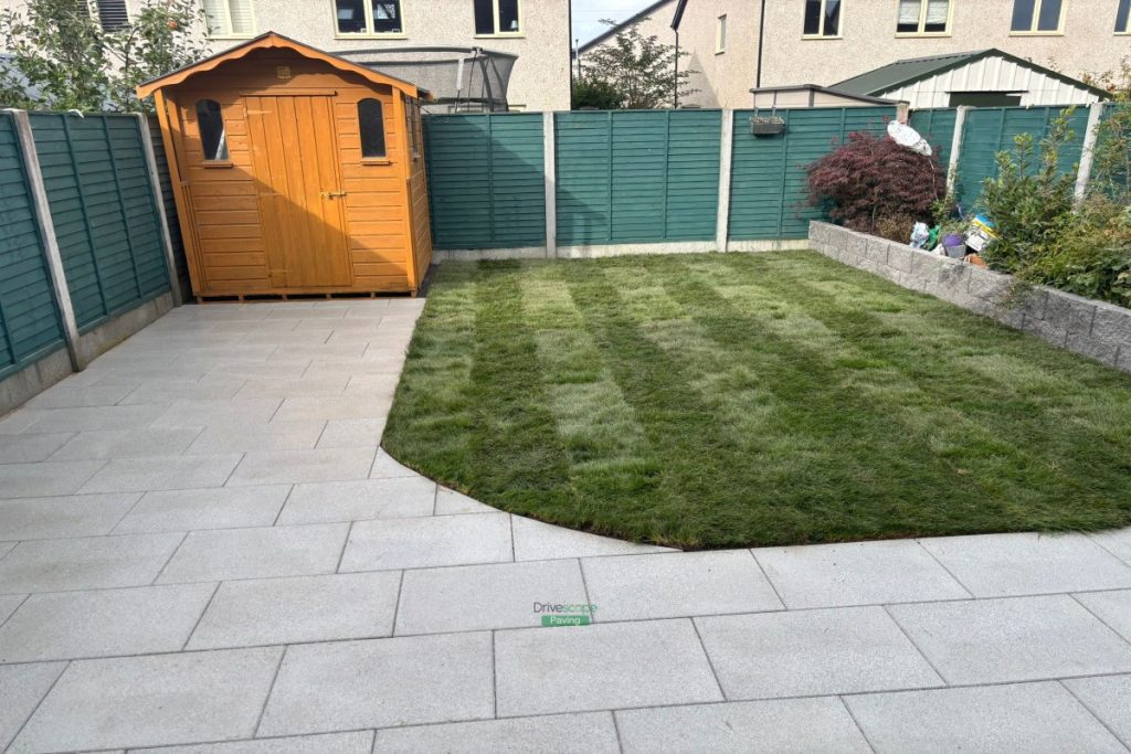 Granite Slabbed Patio with Roll-On Lawn and Raised Flowerbeds in Hansfield Wood, Dublin