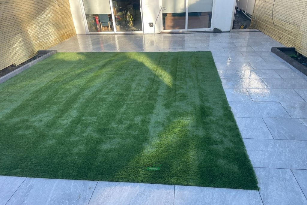 Porcelain Tiled Patio with Fencing, Concrete Shed Base and Artificial Grass in Templeogue, Dublin
